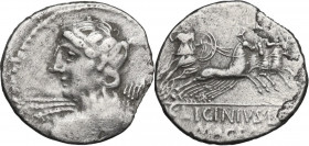 C. Licinius L. f. Macer. AR Denarius, 84 BC. Obv. Bust of Apollo left, seen from behind, hurling thunderbolt. Rev. Minerva in quadriga right, holding ...