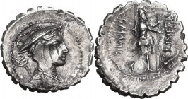 C. Mamilius Limetanus. AR Denarius serratus, 82 BC. Obv. Bust of Mercury right, wearing winged petasos and holding caduceus. Rev. Ulysses standing rig...