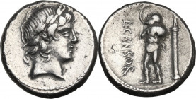 L. Marcius Censorinus. AR Denarius, 82 BC. Obv. Head of Apollo right, laureate. Rev. Marsyas standing left, holding wine skin; behind, column bearing ...