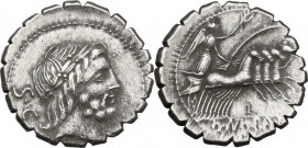 Q. Antonius Balbus. AR Denarius serratus, 83-82 BC. Obv. Head of Jupiter right, laureate. Rev. Victory in quadriga right, holding wreath, palm and rei...