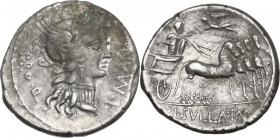 Sulla and L. Manlius Torquatus. AR Denarius, 82 BC. Obv. Head of Roma right, helmeted. Rev. Triumphator in quadriga right, crowned by flying Victory, ...