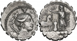 A. Postumius Albinus. AR Denarius serratus, 81 BC. Obv. Bust of Diana right, draped; over shoulder, quiver and bow; above, bucranium. Rev. Togate figu...