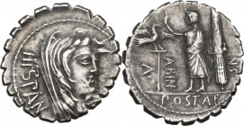 A. Postumius Albinus. AR Denarius serratus, 81 BC. Obv. Head of Hispanic right, veiled. Rev. Togate figure standing left, raising right hand; before, ...