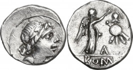 Anonymous. AR Quinarius, 81 BC. Obv. Head of Apollo right, laureate. Rev. Victory standing right and crowning trophy. Cr. 373/1b. AR. 1.79 g. 14.00 mm...