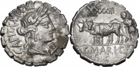 C. Marius C.f. Capito. AR Denarius serratus, 81 BC. Obv. Head of Ceres right, wearing wreath of grain. Rev. Ploughman with yoke of oxen left; above XX...
