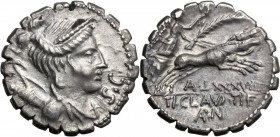 Ti. Claudius Ti. f. Ap. n. Nero. Fourrée Denarius serratus, 79 BC. Obv. Draped bust of Diana right, bow and quiver on shoulder. Rev. Victory in pranci...