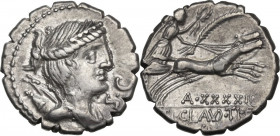 Tiberius Claudius Nero. AR Denarius serratus, 79 BC. Obv. Bust of Diana right, draped; over shoulder, bow and quiver. Rev. Victory in biga right, hold...
