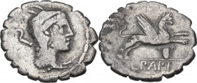 L. Papius. AR Denarius serratus, 79 BC. Obv. Head of Juno Sospita right, wearing goat's skin headdress; behind, sickle. Rev. Griffin leaping right; be...