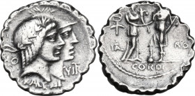 Q. Fufius Calenus and P. Mucius Scaevola. AR Denarius serratus, 70 BC. Obv. Jugate heads of Honos, laureate, and Virtus, helmeted, right. Rev. Italia ...