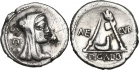 P. Sulpicius Galba. AR Denarius, 69 BC. Obv. Head of Vesta right, veiled. Rev. Knive, culullus and axe. Cr. 406/1. AR. 3.31 g. 19.00 mm. Banker's mark...