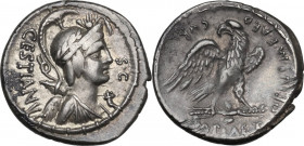 M. Plaetorius Cestianus. AR Denarius, 67 BC. Obv. Bust right, draped, with the attributes of Isis, Minerva, Apollo, Diana and Victory; under chin, cor...