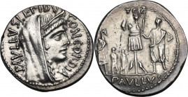 L. Aemilius Lepidus Paullus. AR Denarius, 62 BC. Obv. Head of Concordia right, diademed, veiled. Rev. Trophy; to left, king Perseus and his two sons a...