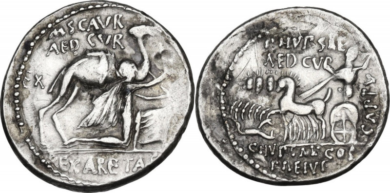 M. Aemilius Scaurus. AR Denarius, 58 BC. Obv. Camel right; before, kneeling figu...