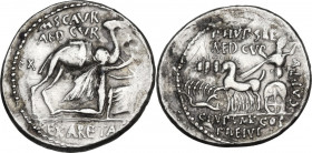 M. Aemilius Scaurus. AR Denarius, 58 BC. Obv. Camel right; before, kneeling figure holding reins and branch. Rev. Jupiter in quadriga left, holding re...