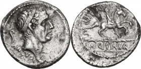 L. Marcius Philippus. AR Denarius, 56 BC. Obv. Head of Ancus Marcius right, diademed; behind, lituus. Rev. Equestrian statue on aqueduct right. Cr. 42...