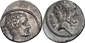 M. Junius Brutus. AR Denarius, 54 BC. Obv. Head of L. Junius Brutus the Ancient right. Rev. Head of C. Servilius Ahala right. Cr. 433/2. AR. 3.77 g. 1...