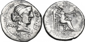 M. Porcius Cato. AR Denarius, 47-46 BC. Obv. Bust of Roma (?) right. Rev. Victory seated right, holding wreath and palm. Cf. Cr. 462/1a (patera). AR. ...