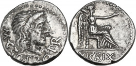 M. Porcius Cato. AR Quinarius, 47-46 BC. Obv. Head of Liber right, wearing ivy-wreath. Rev. Victory seated right, holding patera and palm. Cr. 462/2. ...