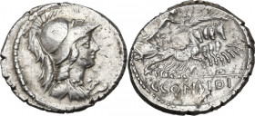 C. Considius Paetus. AR Denarius, 46 BC. Obv. Head of Minerva right, helmeted. Rev. Victory in quadriga right, holding reins, palm and wreath. Cr. 465...