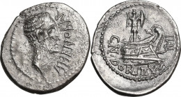 Cn. Domitius Ahenobarbus. AR Denarius, military mint, 41 BC. Obv. Male head right. Rev. Prow right; on top. trophy. Cr. 519/2. AR. 3.40 g. 20.50 mm. R...