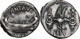 Mark Antony. AR Denarius, 32-31 BC, mint moving with Mark Antony. Obv. Praetorian galley right. Rev. LEG V. Legionary eagle between two standards. Cr....