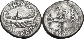 Mark Antony. AR Denarius, 32-31 BC, mint moving with Mark Antony. Obv. Praetorian galley right. Rev. LEG XV. Aquila between two standards. Cr. 544/30....