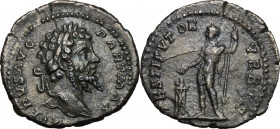 Septimius Severus (193-211). AR Denarius, 200-201 AD. Obv. Laureate head right. Rev. Severus standing left, sacrificing with patera over tripod and ho...