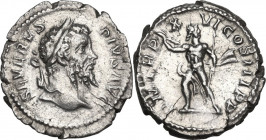 Septimius Severus (193-211). AR Denarius, 208 AD. Obv. Head right, laureate. Rev. Jupiter striding left, holding thunderbolt and scepter. RIC IV 216. ...