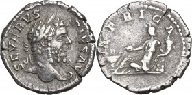 Septimius Severus (193-211). AR Denarius, 202-210. Obv. Head right, laureate. Rev. Africa reclining left, holding scorpion and cornucopiae; at feet, b...