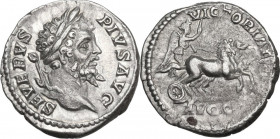 Septimius Severus (193-211). AR Denarius, 202-210. Obv. Head right, laureate. Rev. Victory in biga right. RIC IV 299. AR. 3.59 g. 18.00 mm. About EF.