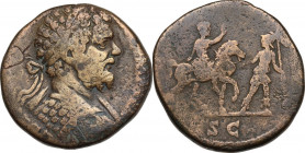 Septimius Severus (193-211). AE Sestertius, 195-196. Obv. Laureate and cuirassed bust right. Rev. Septimius Severus on horseback right, raising hand i...