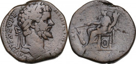 Septimius Severus (193-211). AE Sestertius, 196 AD. Obv. Laureate head right. Rev. Fortuna seated left, holding rudder and cornucopia; wheel below sea...