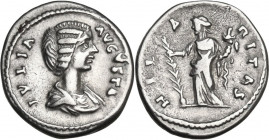 Julia Domna (died 217 AD). AR Denarius, struck under Septimius Severus, 196-211 BC. Obv. Bust right, draped. Rev. Hilaritas standing left, holding pal...