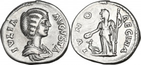 Julia Domna (died 217 AD). AR Denarius, struck under Septimius Severus, 196-211. Obv. Bust right, draped. Rev. Juno standing left, holding patera and ...