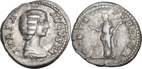 Julia Domna (died 217 AD). AR Denarius, struck under Septimius Severus, 196-211. Obv. Bust right, draped. Rev. Pietas standing left, raising both hand...