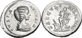 Julia Domna (died 217 AD). AR Denarius, struck under Septimius Severus, 196-211. Obv. Bust right. draped. Rev. Isis standing right, left foot on prow,...