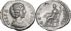 Julia Domna (died 217 AD). AR Denarius, struck under Septimius Severus, 196-202 AD. Laodicea ad Mare mint. Obv. Draped bust right. Rev. Ceres seated l...