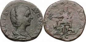 Julia Domna (died 217 AD). AE Sestertius, struck under Septimius Severus, 196-211 AD. Obv. Draped bust right, hair coiled on back. Rev. Cybele, towere...