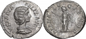 Julia Domna (died 217 AD). AR Denarius, struck under Caracalla, 211-217 AD. Obv. Draped bust right. Rev. Diana standing left, holding torch in both ha...