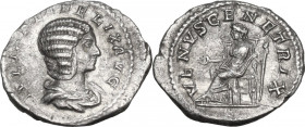 Julia Domna (died 217 AD). AR Denarius, struck under Caracalla, 211-217. Obv. Bust right, draped. Rev. Venus seated left, extending right hand and hol...