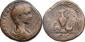 Caracalla as Caesar (195-198). AE Sestertius, 197-198 AD. Obv. Bareheaded and draped bust right. Rev. Pontifical and augural implements: lituus, seces...