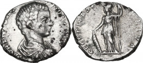 Caracalla (198-217). AR Denarius, 196 AD. Obv. Bust right, bare-headed, draped, cuirassed. Rev. Minerva standing left, resting hand on shield set on g...