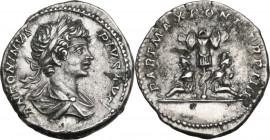 Caracalla (198-217). AR Denarius, 201 AD. Obv. Bust right, laureate, draped. Rev. Trophy; on either side, seated captive. RIC IV 54B. AR. 3.55 g. 19.0...