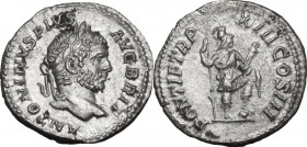 Caracalla (198-217). AR Denarius, 210 AD. Obv. Laureate head right. Rev. Virtus standing right, left foot on helmet, holding parazonium and reversed s...