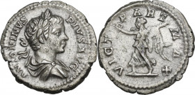 Caracalla (198-217). AR Denarius, 201-206. Obv. Bust right, laureate, draped. Rev. Victory advancing left, holding wreath and palm. RIC IV 144B. AR. 3...