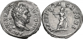 Caracalla (198-217). AR Denarius, 210-213. Obv. Head right, laureate. Rev. Mars standing left, holding branch and resting left hand on shield, spear r...