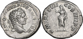 Caracalla (198-217). AR Denarius, 214 AD. Obv. Laureate and bearded head right. Rev. Serapis standing left, raising hand and holding scepter. RIC IV 2...