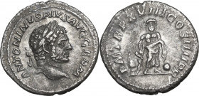 Caracalla (198-217). AR Denarius, 215 AD. Obv. Head right, laureate. Rev. Aesculapius standing front, holding serpent entwined staff; to right, globe ...