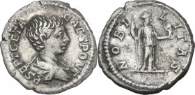 Geta (198-212). AR Denarius, 200-202. Obv. Bust right, draped, cuirassed. Rev. Nobilitas standing right, holding scepter and palladium. RIC IV 13a. AR...