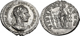 Macrinus (217-218). AR Denarius, Rome mint. Obv. Laureate and cuirassed bust right. Rev. Fides standing left, holding standard in each hand; a standar...